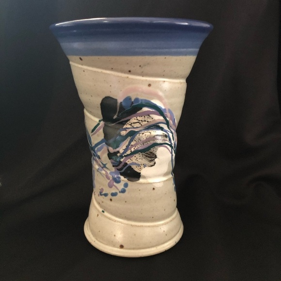Vintage Artist Signed Cunningham Large Studio Pottery Vase - 1995 Tan Blue Mauve - Picture 1 of 13